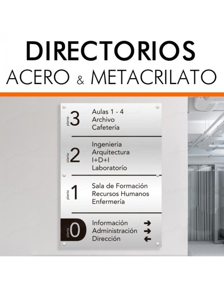 Directorio de acero y metacrilato para empresas, hoteles y viviendas.