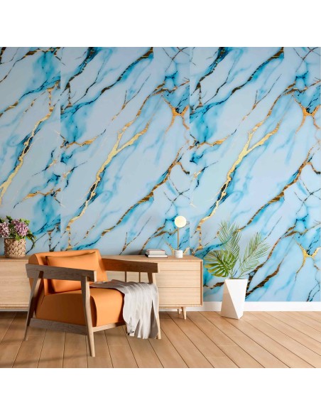 Efecto mármol azul con vetas de oro holográfico para interiores