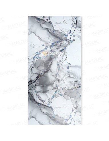 Placa efecto mármol blanco brillo con vetas grises y azules