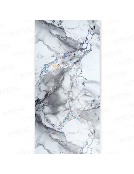 Placa efecto mármol blanco brillo con vetas grises y azules