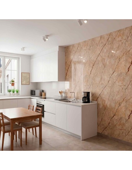 Placa efecto mármol beige con vetas marrones ideal para baños